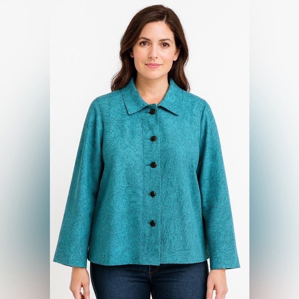 New Chicos Faux Suede Jacket 2 Fountain Blue Pixilated Paisley Button Shacket